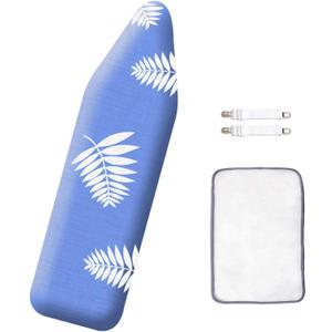 SheeChung 12x42 Inch Ironing Board Cover and Pad -100% Cotton and Heavy-Duty,Snug Fit Over-The-Door & Built in Wall Ironing Board Cover Replacement Pad Cover (Blue+leaf)