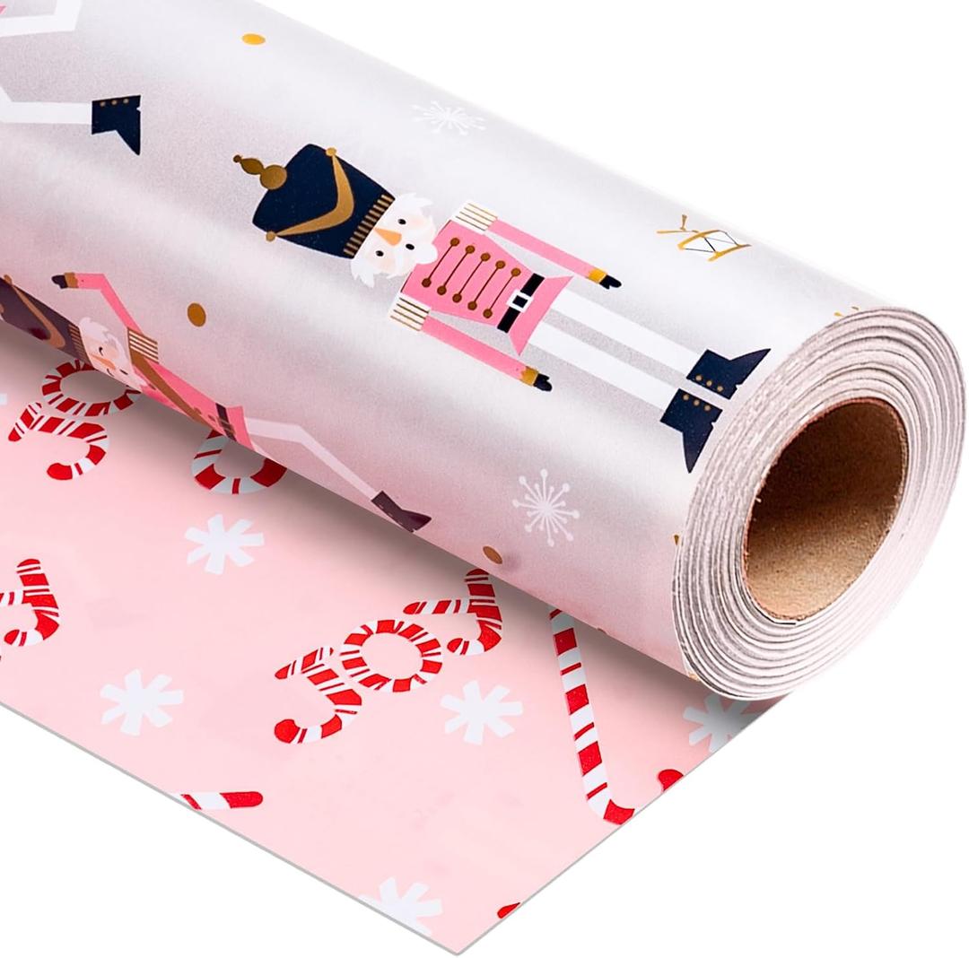 Yarcony Pink Nutcracker Christmas Wrapping Paper Jumbo Roll - 30 Inch X 100 Feet - Funny Reversible Pearly-Lustre Foil Gift Wrap w/Candy Cane Design for Chrsitmas Holiday Party Theater Present Decor