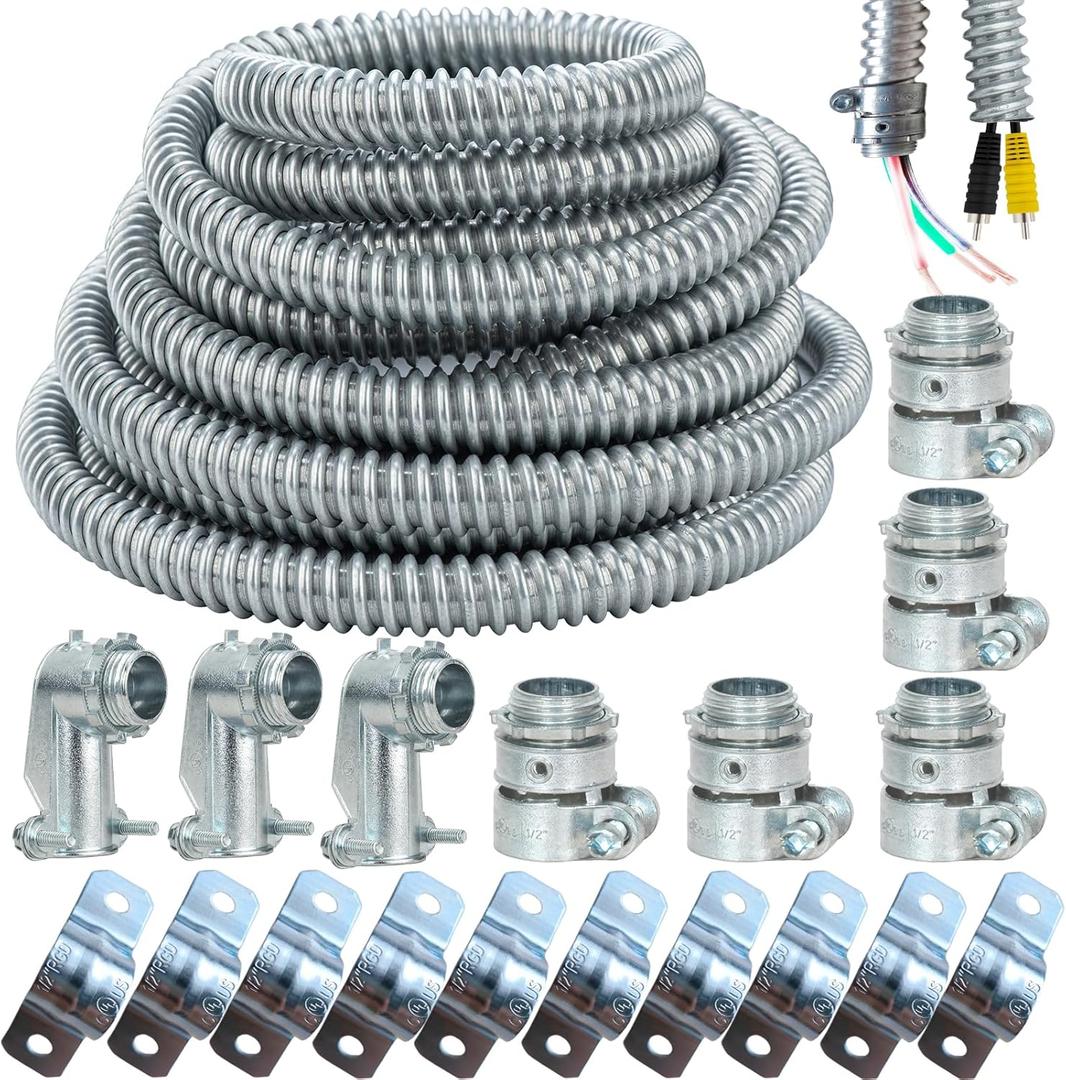 (1/2" Dia * 50 Feet) Yariwiz Flexible Steel Electrical Conduit Liquid Tight Steel Conduit Kit with 5 PCS Coupling, 3 PCS Elbow and 10 PCS Strap, Flex Liquidtight S-LCCK-0.5-50FT-KIT