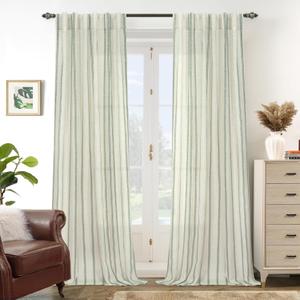 DriftAway Farmhouse Vertical Striped Linen Blend Textured Light Filtering Semi Sheer Curtains for Living Room Bedroom 84 Inches Long Drapes 2 Panels Linen Loden Green