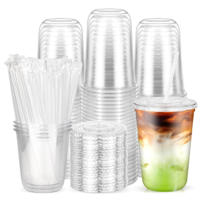100PCS 16 oz Disposable Plastic Cups with Flat Lids and Clear Straws, Round Bottom To Go Iced Coffee Cups, BPA Free Holiday Cups for Smoothies, Cold Drinks, Coffee Shop, Juice Bars, Takeout, Office