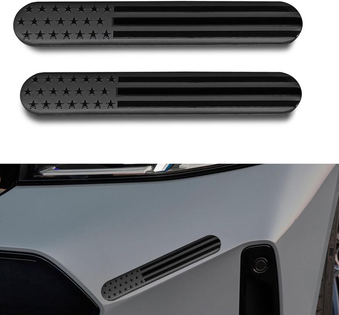 2PCS USA American Metal Flag Auto Fenders Emblem Sticker - 6"x 1" Adhesive Sport Badge 3D Embossed US Flag Car Decal Sticker - Patriotic Car Badge Decal Bumper Sticker for Auto SUV Window (Black)