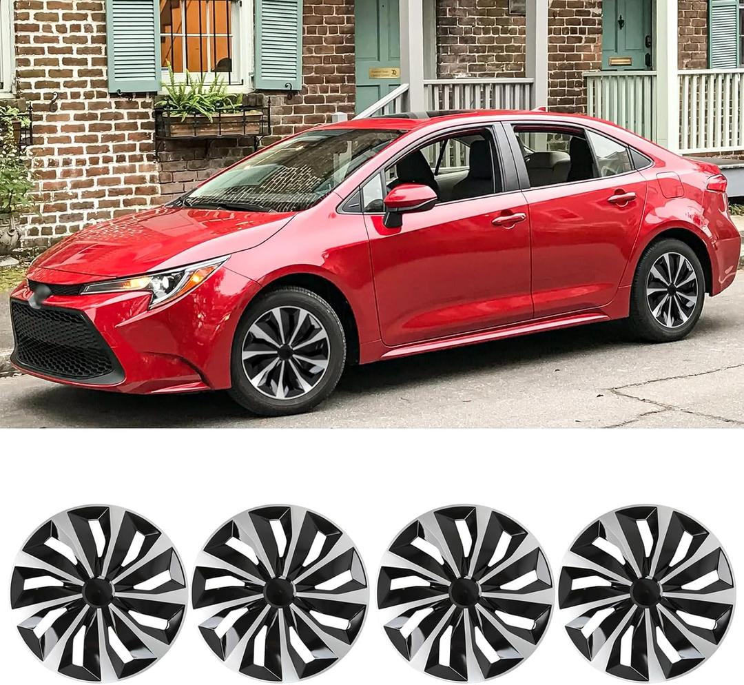 DREAMIZER 16 Inch Hubcaps Set Universal Wheel Rim Covers Replacement Snap on Hub caps Silver Black Full Hubcaps Set of 4 Compatible with Honda Toyota Corolla Nissan Most Cars SUV Truck