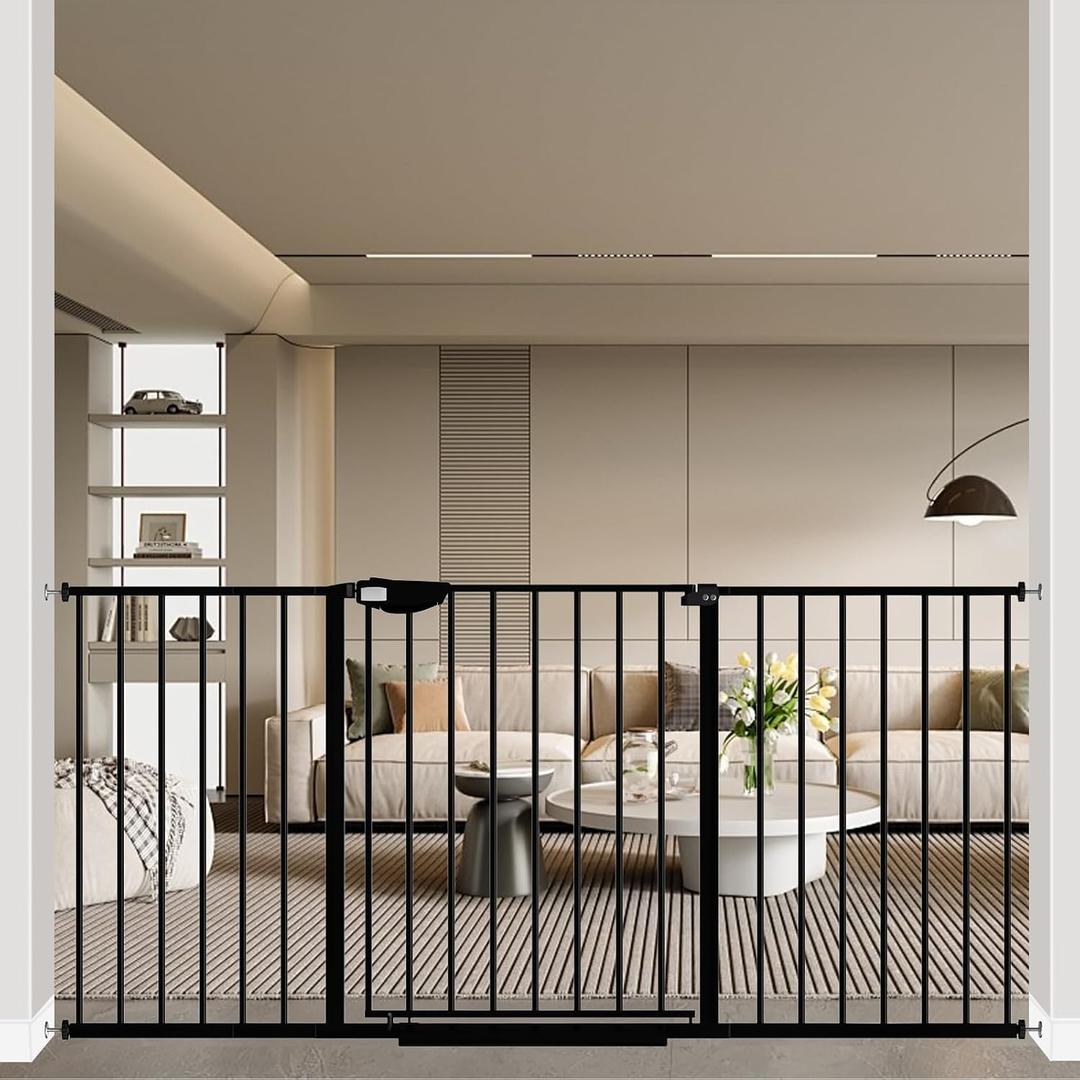 WAOWAO Triple Lock 49.21-66.54" Baby Gate Extra Wide Pressure Mounted Walk Through Swing Auto Close Safety Black Metal Dog Pet Puppy for Stairs,Doorways,Kitchen