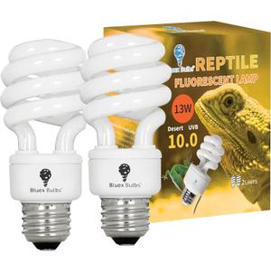 2 Pack 13-Watt Reptile Bulb Desert UVA UVB Light - 10.0 UVB Reptile Light - Compact Florescent Terrarium Bulb Suitable for Desert Reptiles Lizards Bearded Dragons Tortoises CFL UVB Bulb (13 Watt 10.0)