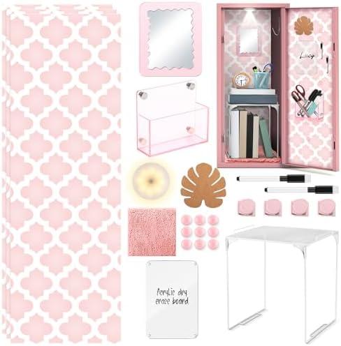 MotiMind 25 Pack Locker Accessories, First Day of School Essentials with Locker Shelf, Wallpaper, Mirror, LED Wireless Light, Pen Holder, Acrylic Magnetic Dry Erase Board, Rug(Flower,Pink)