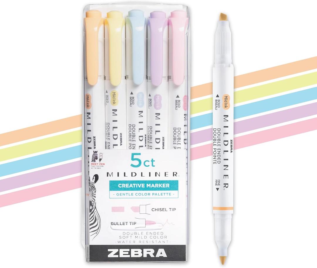 Zebra Pen Mildliner Dual-Tip Highlighter Set, Broad and Fine Point Tips, No Bleed, Ideal for Bible Highlighting, Giftable Art Supplies and Teacher Gifts, Assorted Gentle Ink Colors, 5-Pack (78705)