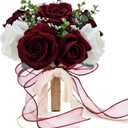9in Wedding Bouquets for Bride Bridesmaid, Burgundy & White Artificial Roses Flowers Bouquet for Rustic Church Boho Wedding or Centerpieces Decoration