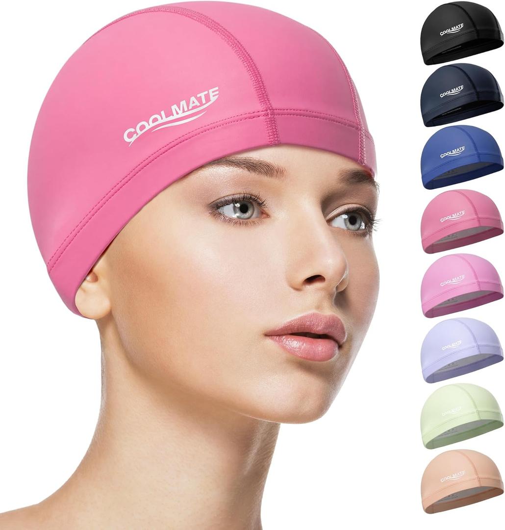 COOLMATE Fabric Swim Cap for Adult Women Men, Silicone Water-Resistant Layer, Cloth Swim Cap Gifts for Swimmers, Lightweight and Comfortable, Perfect for Pool, Beach, Lap Swimming (Dark Pink, M) (Pink, M)