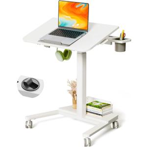 JYLH JOYSEEKER 28" Mobile Standing Desk, Height Adjustable Rolling Laptop Cart with 60 Tiltable Top & Storage Shelf, Stand up Desk on Wheels, Portable Workstation for Home Office, White
