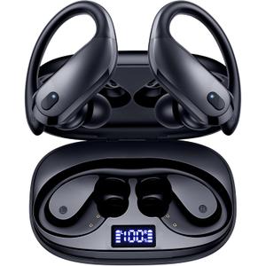 GNMN Wireless Earbuds Bluetooth Headphones Over Ear Buds 90H Playback IPX7 Waterproof Sports Earphones Deep Bass with Wireless Charging Case Dual LED Power Display Earhooks Headset for Running Black