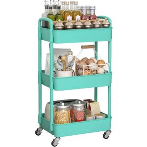 Sywhitta 3-Tier Plastic Rolling Utility Cart with Handle, Multi-Functional Storage Trolley for Office, Living Room, Kitchen, Movable Storage Organizer with Wheels, Green