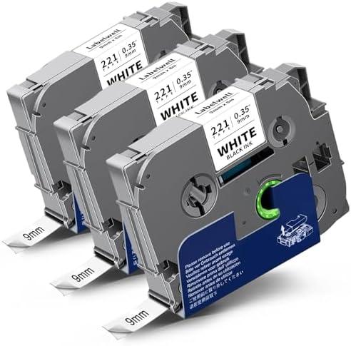 Labelwell TZe-221 Tape 9mm 0.35 Laminated White Compatible for TZe221 TZ221 Tape Refills for P Touch PT-H110 D200 D210 D220 D400 D600 PT-1890 Label Maker (Black on White, 3-Pack)