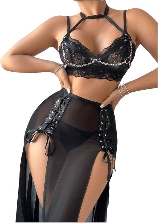 MakeMeChic Women's 4 Piece Goth Floral Embroidered Mesh Sheer Lace Tie Front Lingerie Set
