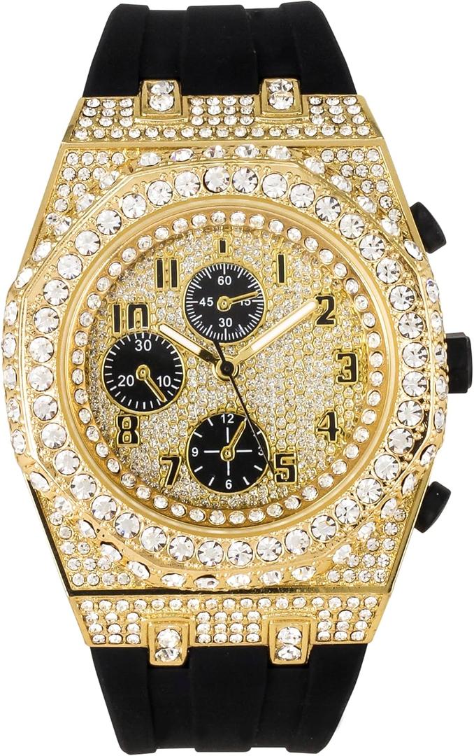Men's 43mm Iced Out Octagonal Case Silicone Band Watch (GOLD-BLACK)
