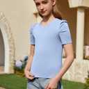 ZDC Girls Puff Short Sleeve T Shirts Kids Summer Ribbed Knit Tops Crewneck Slim Fit Workout Tee, 140 (Blue)