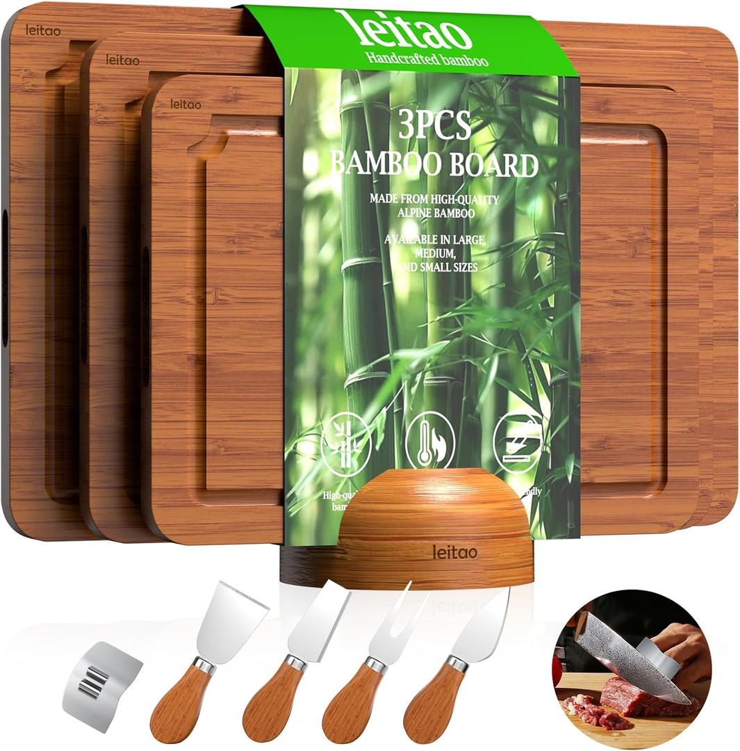 Bamboo Cutting Board for Kitchen, Wood Cutting Board Set with Holder & 4 Knives & Finger Guard, Charcuterie & Chopping Board with Juice Groove, Kitchen Gadgets, Brown