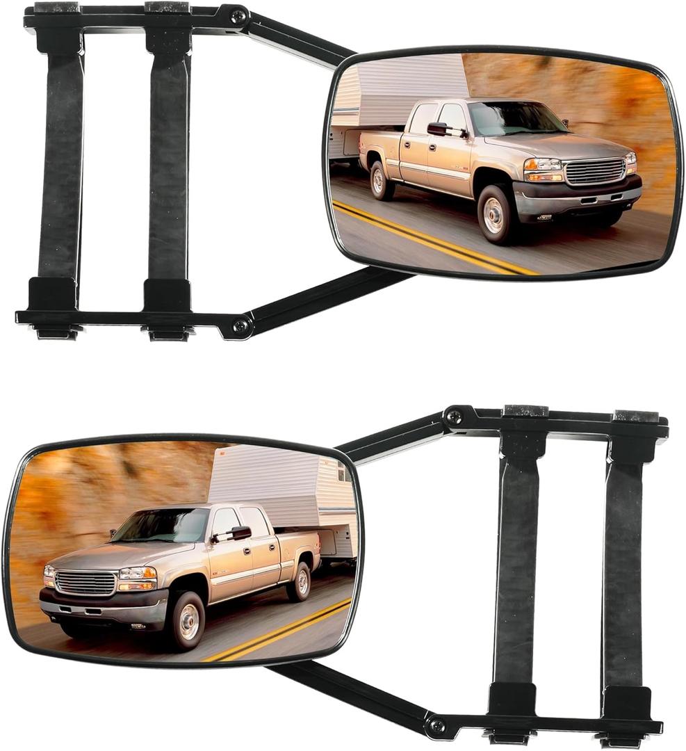 Car Tow Mirror - Universal Clamp-On 360 Degree Rotation Adjustable Mirror, RV Leveling Blocks, Rear View Side Clip-On Extensions for Towing