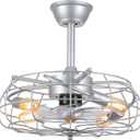 Asyko Outdoor Caged Ceiling Fans with Lights - Bladeless Low Profile Ceiling Fan Light with Remote, 19" Enclosed Ceiling Fan for Covered Outdoor (Silver)