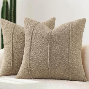 YCOLL Textured Boucle Throw Pillow Covers 20x20 Pack of 2 - Soft Neutral Striped Cushion Covers, Cozy Accent Decorative Pillow Covers for Couch, Sofa, Bed, Living Room (Taupe)