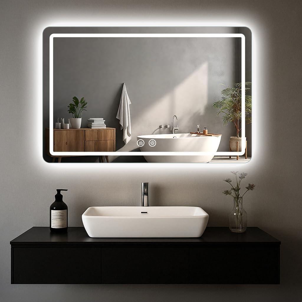 LED Bathroom Mirror, 48 x 36 Inch Anti-Fog Wall Mirror with Lights Stepless Dimmable, Lighted Bathroom Mirrors for Wall, Rectangle Bathroom Vanity Mirror with Front and Backlight