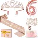 6th Birthday Decorations for Girls, Including 6th Birthday Sash and Tiara, Cake Topper and Candle, Number Balloon, 6 Year Old Girl Gifts