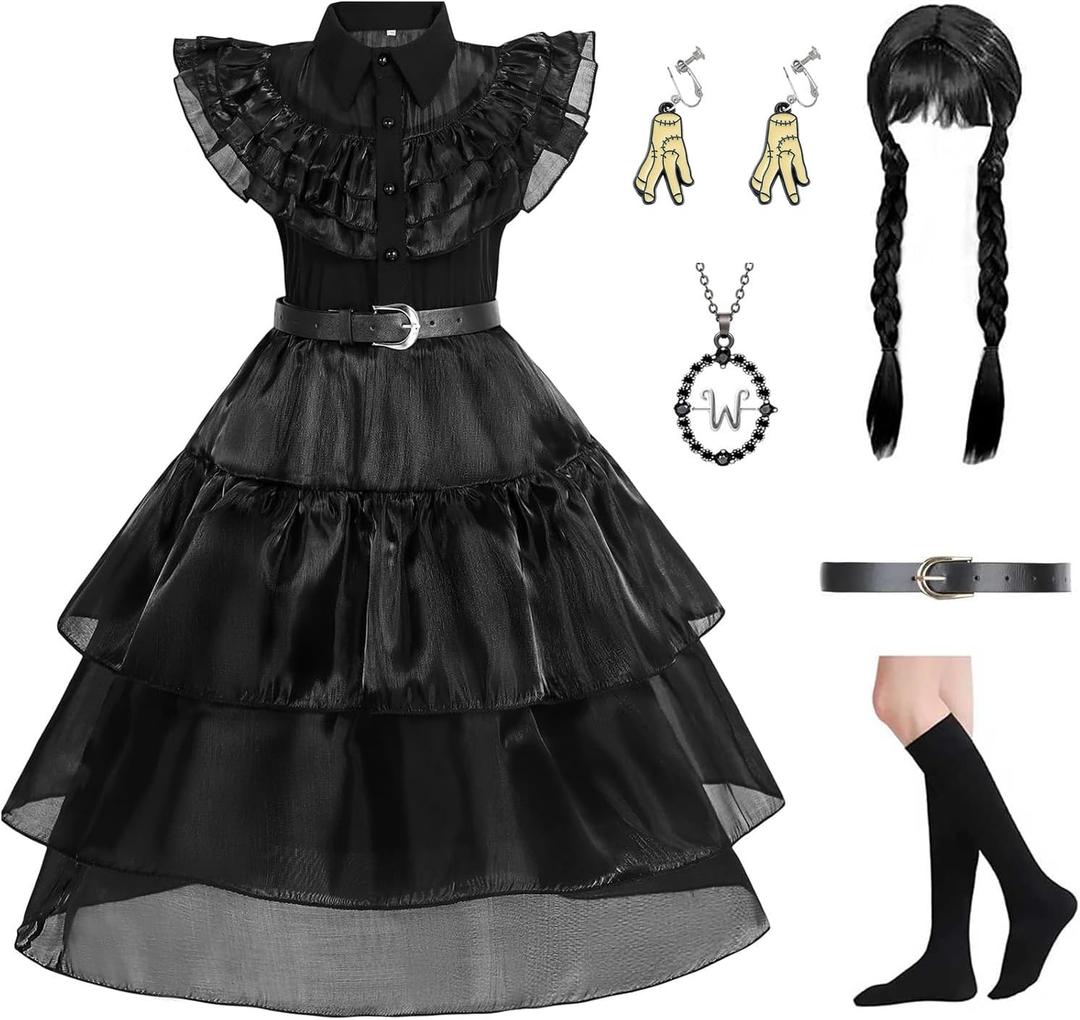 Black Costume Dress Up for Girls, Halloween Costumes Cosplay Birthday Party Dress with Accessories 3-12 Years (9-10 Years)