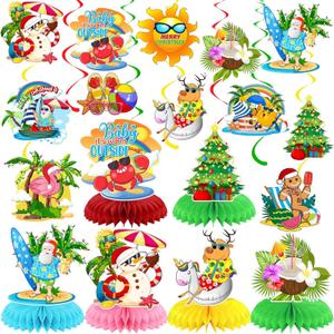 84 Pcs Hawaiian Christmas Decoration Honeycomb Table Centerpieces Mele Kalikimaka Christmas Hanging Decorations Swirl Tropical Xmas Flamingo Santa Slipper Table Topper for Xmas Party Favor Home Decor