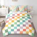 Feelyou Multicolored Checkered Retro 7 Piece Bedding Set Kids Boys Geometric Vintage Comforter Set with Sheets Twin Size Green Yellow Colorful Bed in a Bag Modern Simple Groovy Aesthetic Room Decor