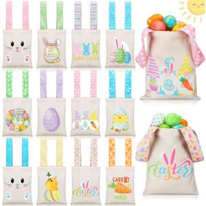 Cosblank 12 Pcs Easter Reusable Canvas Gift Bags with Handles 10''x 8'' Easter Tote Bags Egg Hunt Candy Treat Party Favor(Bunny Egg)