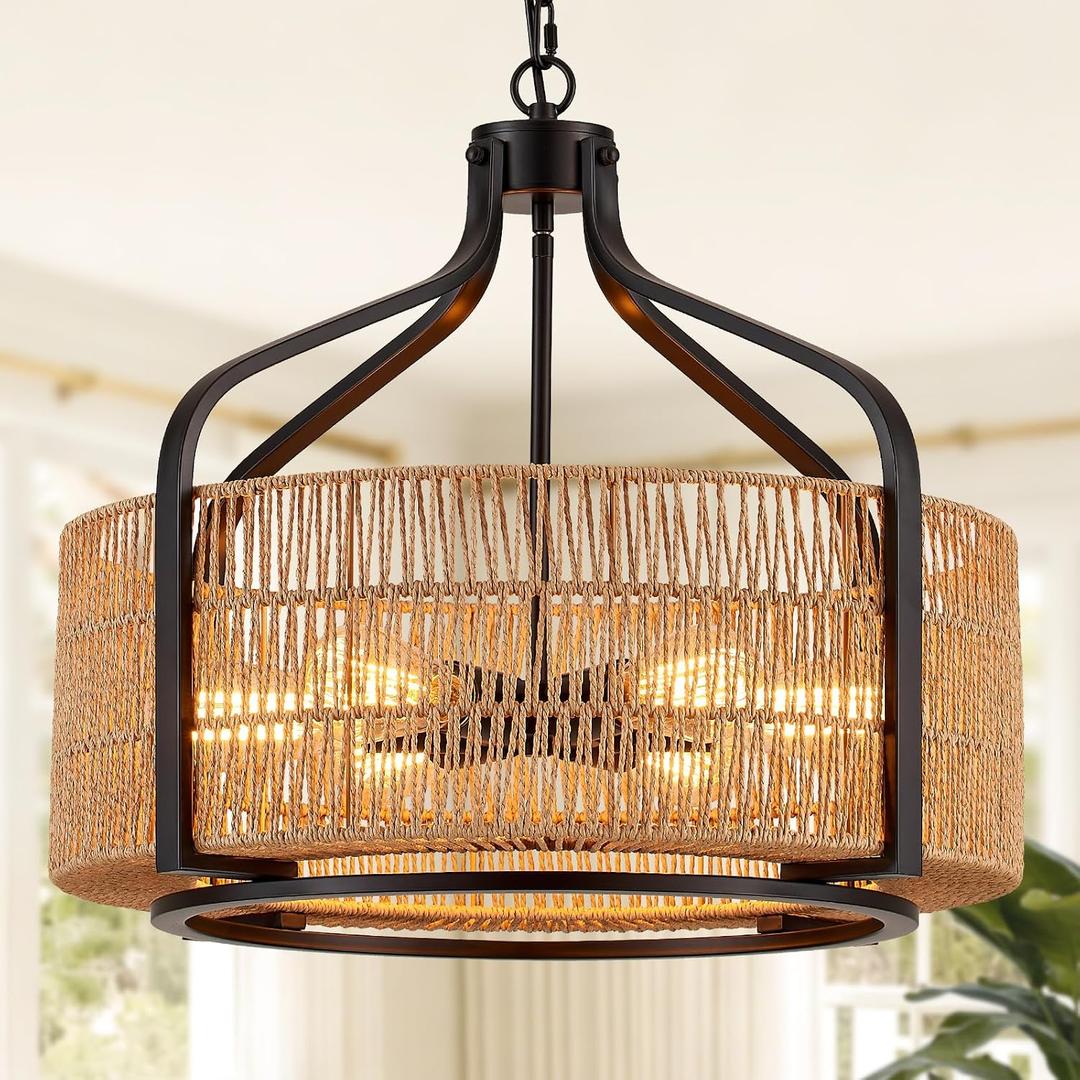 21.8" Black Rattan Farmhouse Chandelier, 6-Light Wicker Fixture
Large Rattan Wicker Chandeliers, Vintage Coastal Drum Style, Ideal for Dining Room, Living Room, Bedroom, Adjustable Height