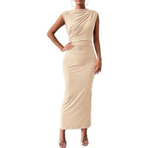 BTFBM Women's Ruched Bodycon Dress Summer Casual Sleeveless Lightweight Back Slit Elegant Club Party Cocktail Maxi Dresses
 Size M