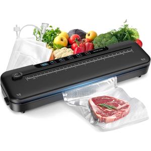 Vacuum Sealer Machine for Food Preservation, 6-in-1 Food Sealer for Freshness Storage, 75kpa Compact Vacuum Sealing Machine with External Sliding Blade, Digital Countdown Timer Black