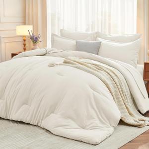 MUXHOMO 7 Pieces King Comforter Set, Soft Bed in a Bag King Size, All Season Bedding Set with Comforter, Flat Sheet, Fitted Sheet, Pillowcases & Shams, Ivory