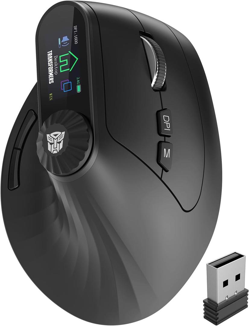 Transformers Vertical Ergonomic Mouse with LED Screen & Knob Control, Rechargeable Vertical Mouse Wireless, 3-Device Connectivity (2.4G + Dual Bluetooth), Quiet Clicks, Computer Mice for PC/Mac/Laptop (Black)