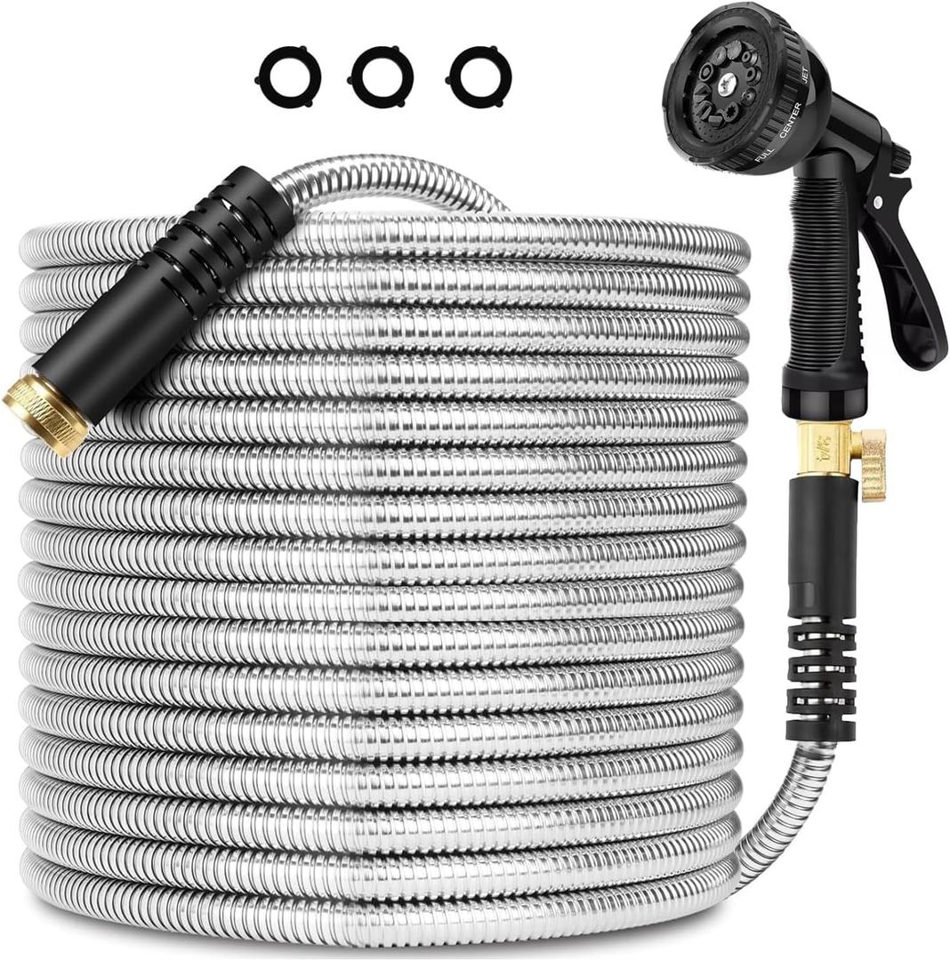 Stainless Steel Garden Hose 25FT, Stainless Steel Heavy Duty Water Hose With 10 Function Nozzle, No-Kink, Tough & Flexible, Sturdy and Lightweight, Rust Proof for Yard, Outdoor