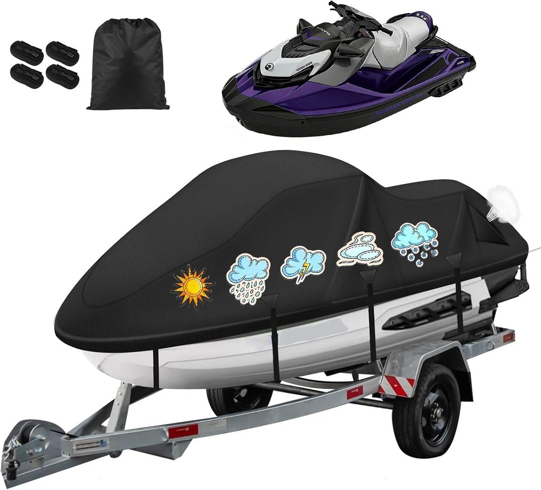 Waterproof Jet Ski Cover,420D Heavy Duty Windproof Jet Ski Covers 2-3 Seater with 2 Vents & 4 Windproof Buckles UV Resistant Compatible with Yamaha Seadoo from 126" to 135"(Black)