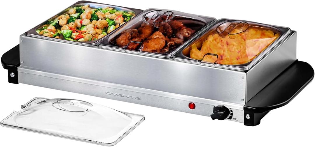 OVENTE Electric Buffet Server and Food Warmer, Three 1.5 Quart Chafing Dish Set with Stainless Steel Warming Tray Perfect for Holidays and Dinners, Silver FW173S