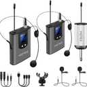 Hotec Wireless System with Dual Headset Microphones/Lavalier Lapel Mics and Bodypack Transmitters and One Mini Rechargeable Receiver 1/4" Output, for Live Performances (silver)
