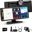 10.26 Carplay Screen for Car, HD IPS Wireless Portable Touch Screen with 64GB TF Card  Supports Apple Carplay & Android Auto, Mirror Link/4K Dash Cam/1080P Rear Camera/BT/FM/Voice Control
