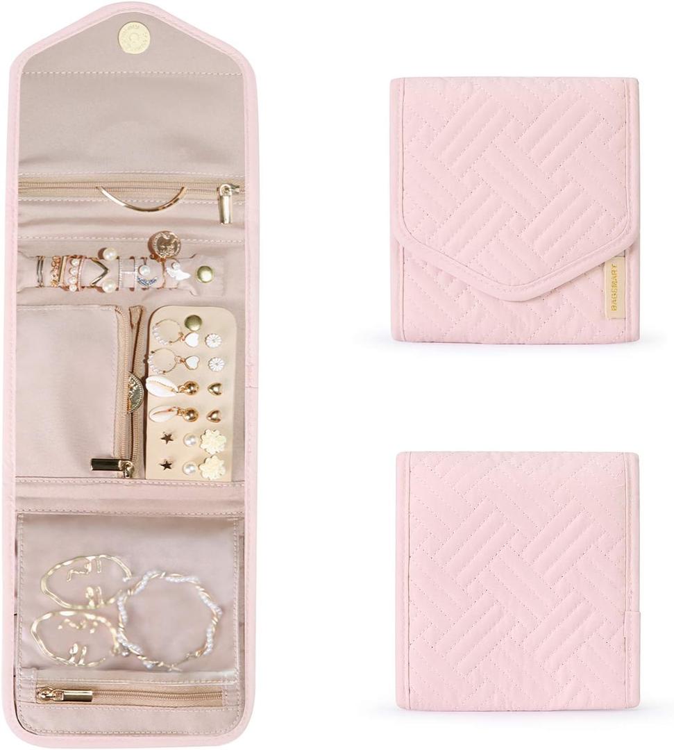 BAGSMART Travel Jewelry Organizer Case Foldable Jewelry Roll for Journey Rings, Necklaces, Earrings, Bracelets,Mini,Light Pink (Small)