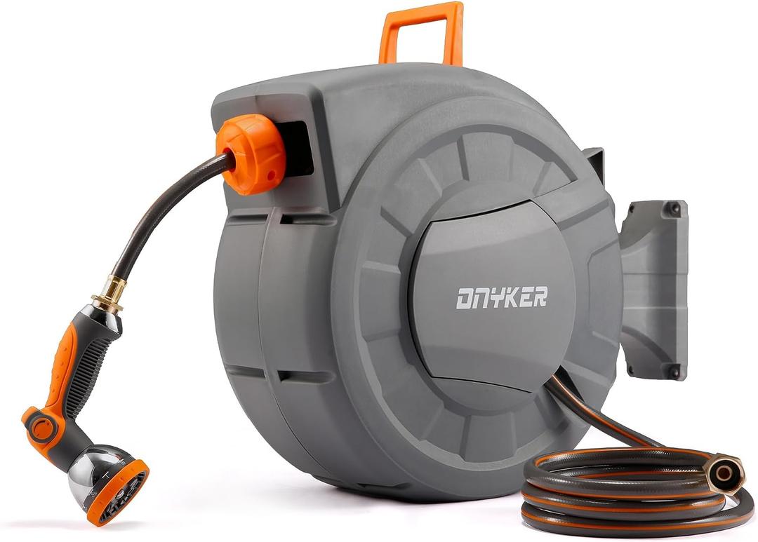 Retractable Garden Hose Reel, 1/2 inch x 100 ft Water Hose Reel Wall Mounted, Any Length Lock, Slow Auto-Rewind, 180Swivel Bracket & 10 Pattern Nozzle
