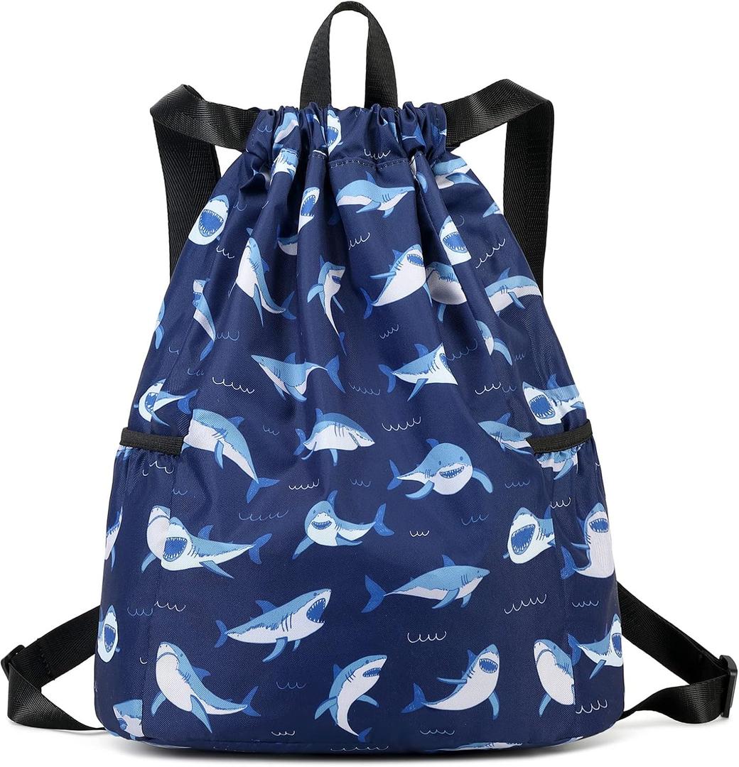 Children Boy Girl Ocean Shark Print Drawstring Backpack Outdoor Casaul Portable Shoulder Bag Swim Gymsack Sack Pack Dark Blue (Medium)