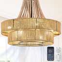 24 Modern Double Twine Drum Fan with Adjustable Chian 8-Lights Rustic Pendant Fandelier Light with Remote Control for Bedroom Kitchen Island Dining Living Room (Twine, 24IN)