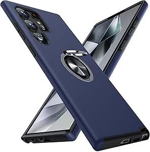 AIOVETEAB for Samsung Galaxy S24 Ultra Case,Silky Soft Touch Heavy Duty Protective Cover with Ring Holder Kickstand Magnetic Phone Case for S24 Ultra 5G 6.8'' 2024 (Navy Blue)