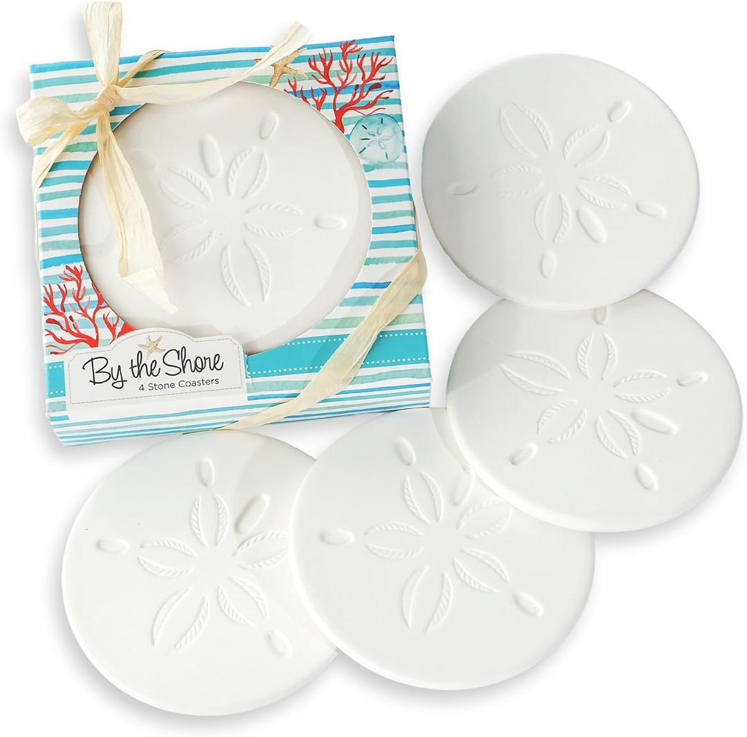 Kate Aspen Absorbent Sand Dollar Drink Coasters Set of 4 Coastal Decor, Nautical Home Decorations, Housewarming Gift, & Beach Themed Coasters for Drinks (White)