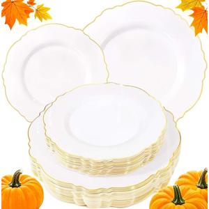 WDF 60pcs White and Gold Plastic Plates - Baroque White With Gold of 30 Heavy Duty Gold dinner plates 10.25inch, 30 Salad Plates 7.5inch Perfect for Thanksgiving Weddings/Party/Birthday WDF 60pcs White and Gold Plastic Plates - Baroque White With Gold of 30 Heavy Duty Gold dinner plates 10.25inch, 30 Salad Plates 7.5inch Perfect for Thanksgiving Weddings/Party/Birthday