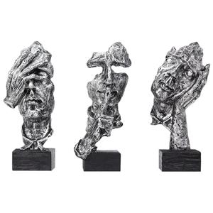 aboxoo Large Size 3 Pcs Thinker Statue, Silence is Gold, See No Evil Hear No Evil Speak No Evil Statues, Modern Resin Sculptures Decor for Living Room, Home, Office Study (Silver)