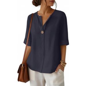 ETCYY NEW Summer Shirts for Women Button V Neck Blouses 2026 Short Sleeves Dressy Casual Tunic Tops (Blue), L