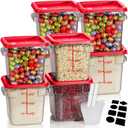 4QT NSF Food Storage Containers: 8 PCS [Food Grade][Hot&Cold Resistant] Commercial Clear Square Food Storage Containers with Scales Handles for Home Restaurant Kitchen Proof Dough (Red)